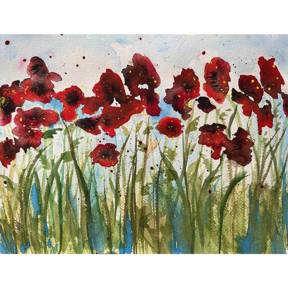 Original Watercolor Painting on paper 12" x 9" or 30cm x 22.5" "Summer Poppies" - Picture 2 of 3